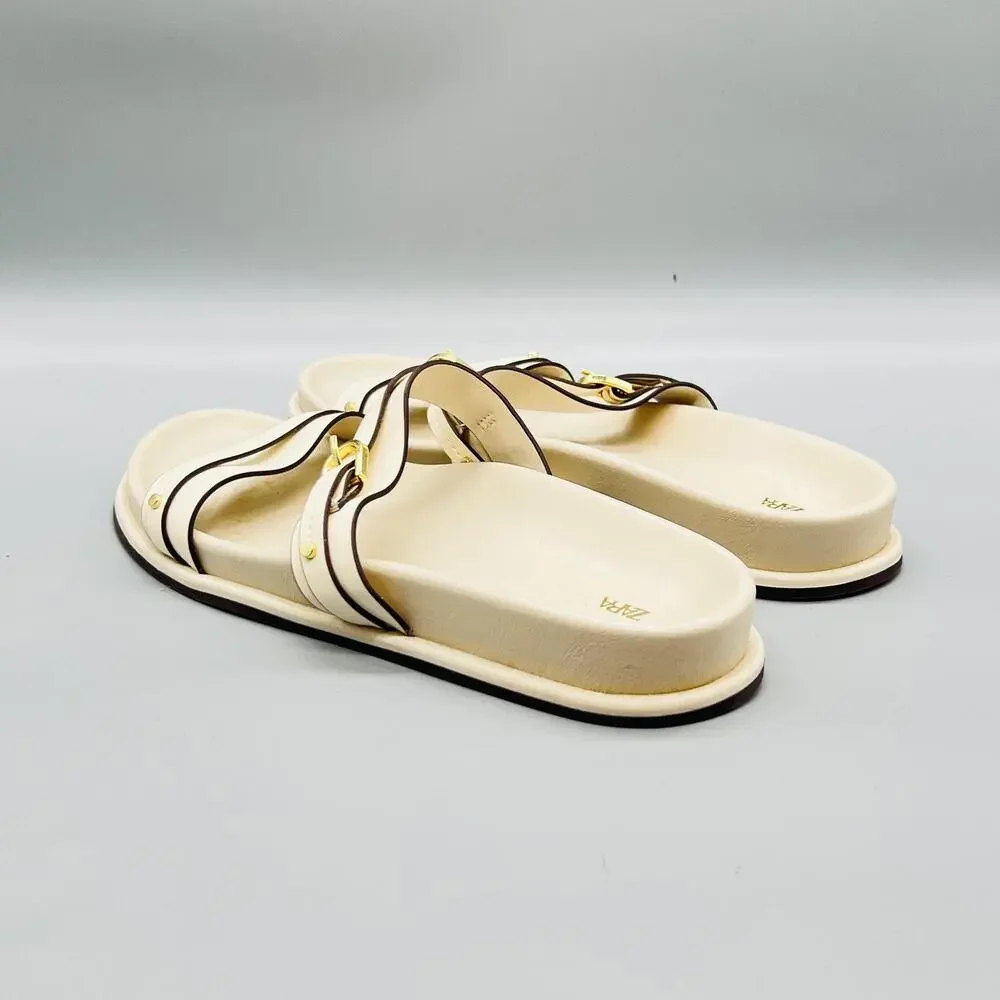 Zara Sandals Womens 9 Off White Synthetic Strappy Buckle Slide Flat Shoes